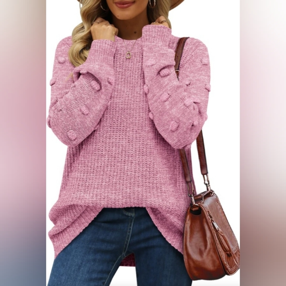 Women Long Sleeve Chunky‎ Knit Pullover Crewneck Pink Detail Sleeve Large NWT
